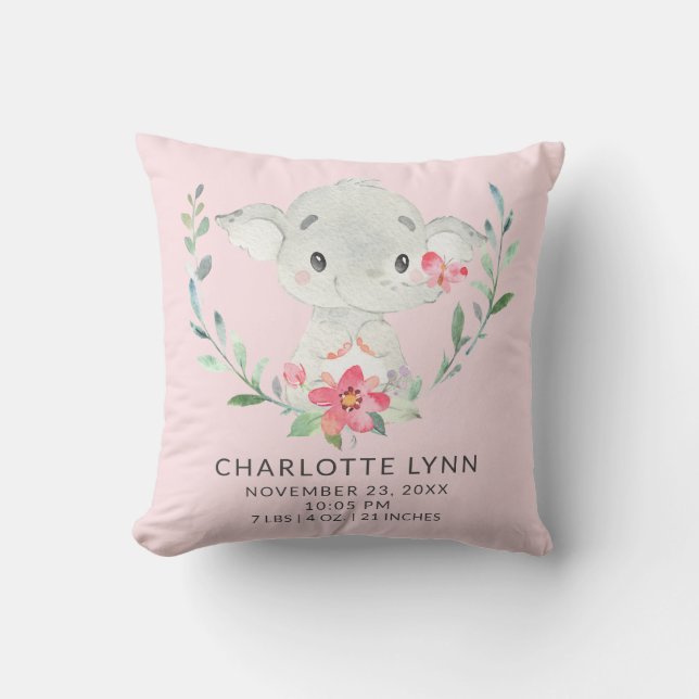 Sweet Elephant Baby Birth Stats Pillow (Front)