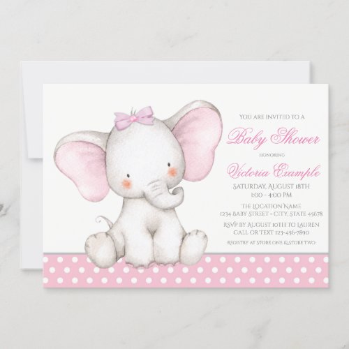 Sweet Elephant Baby Girl Shower Invitations