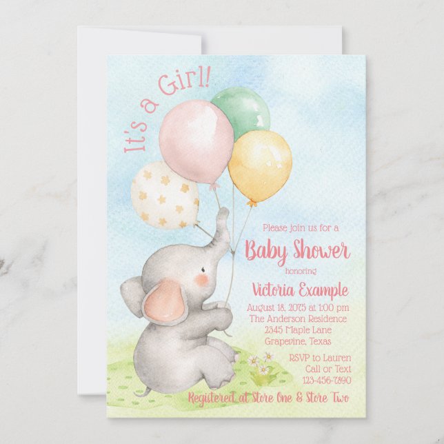 Sweet Elephant Baby Girl Shower Invitations (Front)