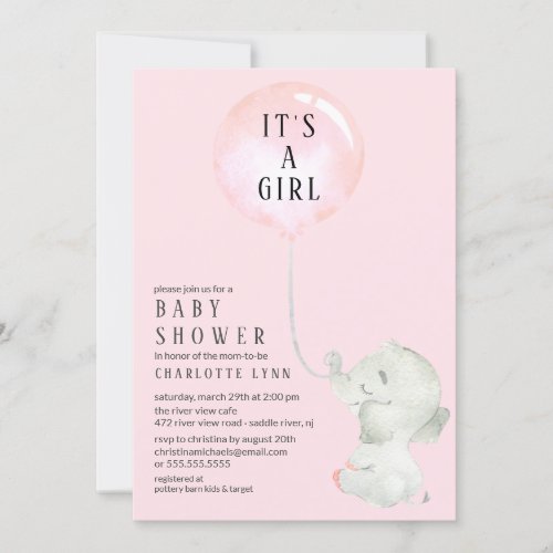 Sweet Elephant Baby Girls Shower Invitation
