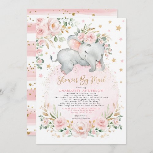 Sweet Elephant Blush Gold Baby Shower By Mail Invitation