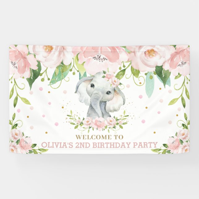 Sweet Elephant Blush Pink Floral Backdrop Welcome Banner (Horizontal)