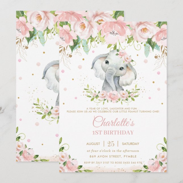Sweet Elephant Blush Pink Floral Gold 1st Birthday Invitation (Front/Back)