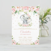 Sweet Elephant Blush Pink Floral Gold 1st Birthday Invitation (Standing Front)