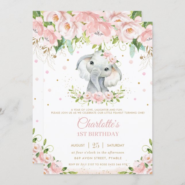 Sweet Elephant Blush Pink Floral Gold 1st Birthday Invitation (Front/Back)