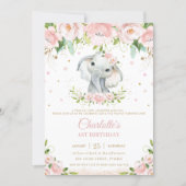 Sweet Elephant Blush Pink Floral Gold 1st Birthday Invitation (Front)