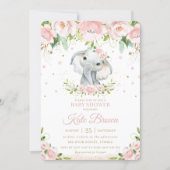 Sweet Elephant Blush Pink Floral Gold Baby Shower Invitation (Front)