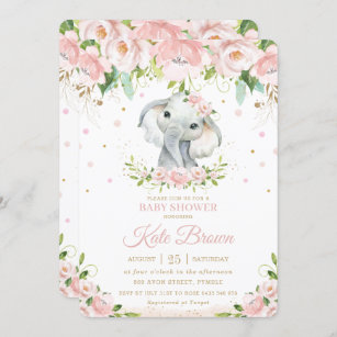 Sweet Elephant Blush Pink Floral Gold Baby Shower Invitation