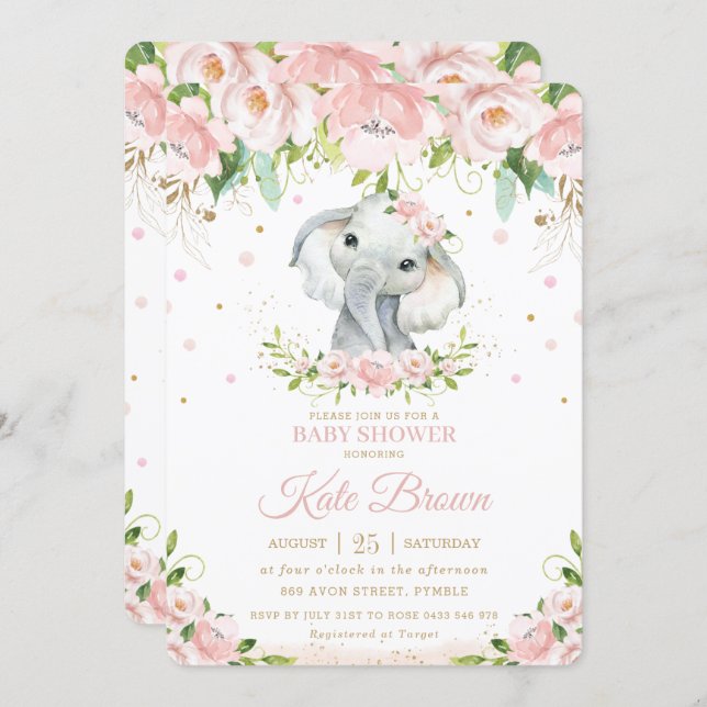 Sweet Elephant Blush Pink Floral Gold Baby Shower Invitation (Front/Back)