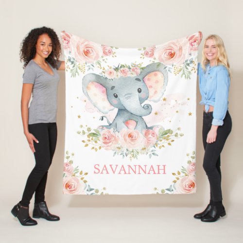 Sweet Elephant Blush Pink Floral Jungle Baby Girl Fleece Blanket