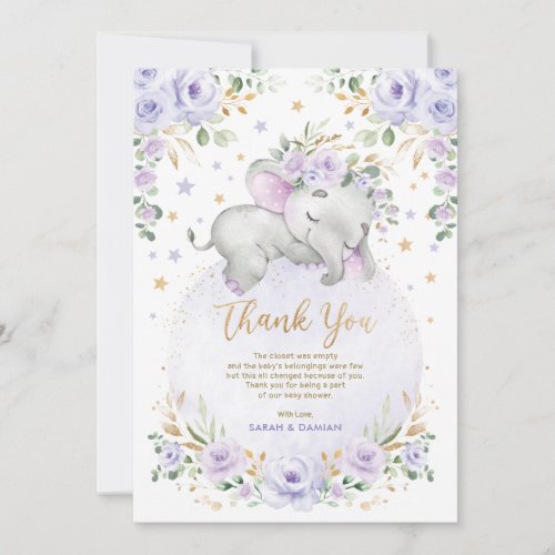 Sweet Elephant Blush Purple Moon Stars Baby Shower Thank You Card