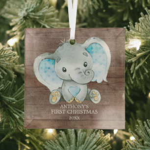 Sweet Elephant Boy Baby's First Christmas Glass Ornament