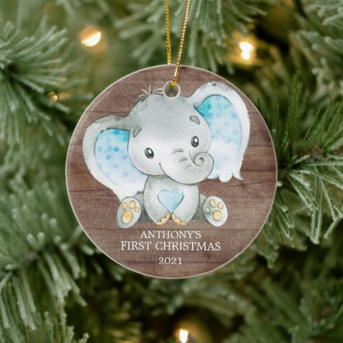 Sweet Elephant Boy Babys First Christmas Ornament
