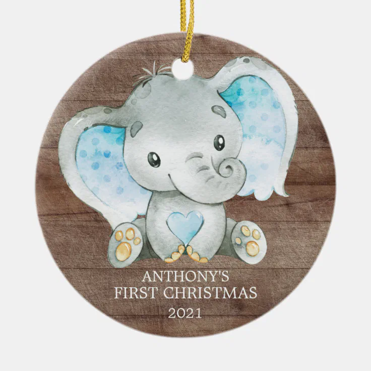 Personalized Elephant Boy Baby’s First Christmas Ornament 