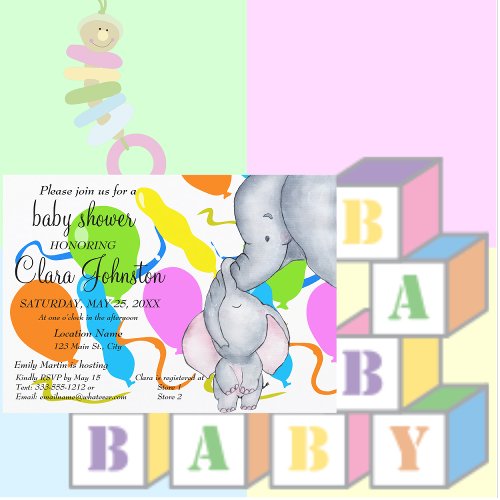 Sweet Elephant Bright Balloons Unisex Baby Shower Invitation