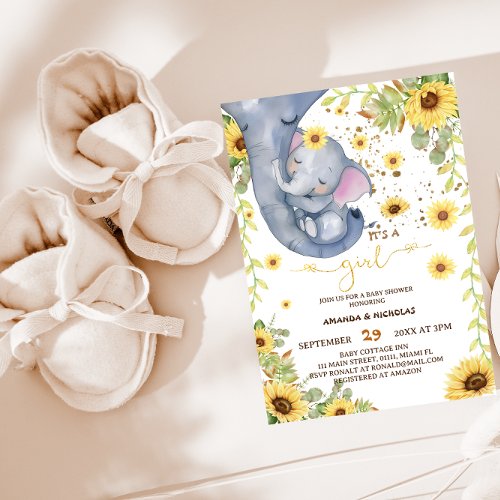 Sweet Elephant Cute Floral Baby Girl Shower Invitation