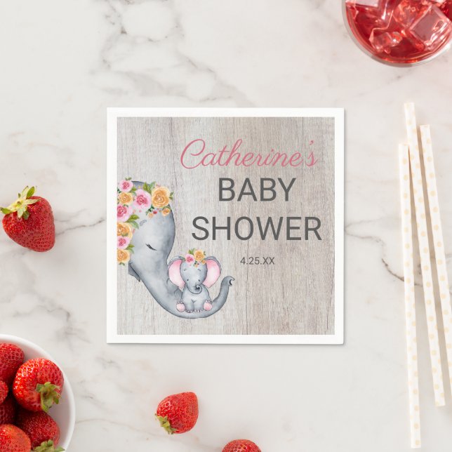Sweet Elephant Floral Girl Rustic Baby Shower Napkins (Insitu)