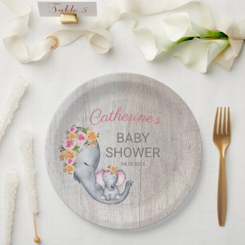 Sweet Elephant Floral Girl Rustic Baby Shower  Paper Plates