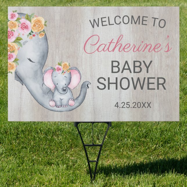 Sweet Elephant Floral Girl Rustic Baby Shower Yard Sign (Insitu)