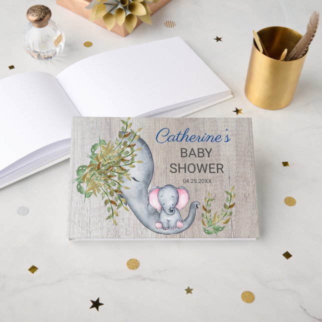 Sweet Elephant Floral Rustic Baby Shower    Foil Guest Book (Front Open)