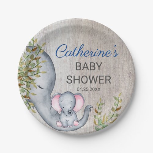 Sweet Elephant Floral Rustic Baby Shower    Paper Plates