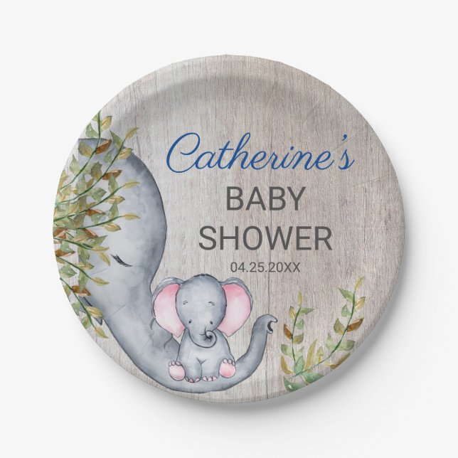 Sweet Elephant Floral Rustic Baby Shower    Paper Plates (Front)