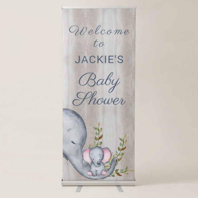 Sweet Elephant Floral Rustic Baby Shower Welcome  Retractable Banner (Front)