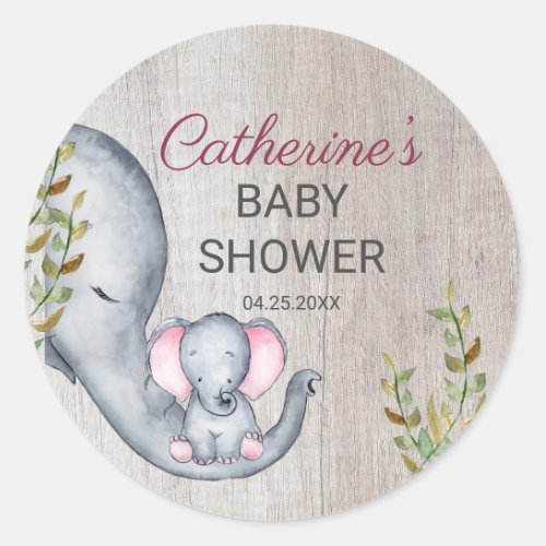 Sweet Elephant Floral Rustic Girl Baby Shower  Classic Round Sticker