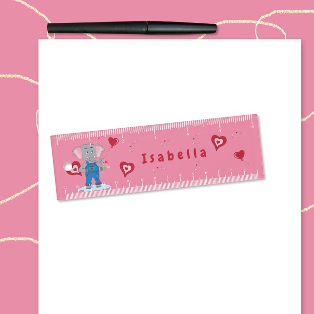 Sweet Elephant Hearts Pink Kid Mini Ruler (Sweet pink and red mini ruler for kids featuring a cartoon elephant . Add child's name . 
)