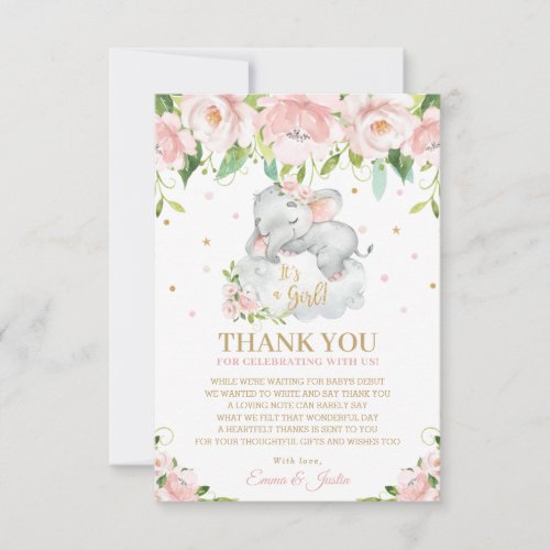 Sweet Elephant Pink Blush Floral Baby Shower Thank You Card