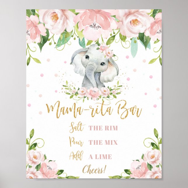 Sweet Elephant Pink Floral Gold Mama-rita Bar Sign (Front)