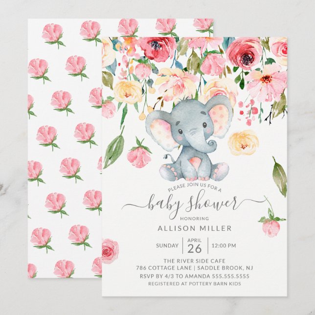 Sweet Elephant Pink Peonies Baby Shower Invitation (Front/Back)