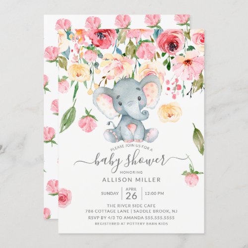 Sweet Elephant Pink Peonies Baby Shower Invitation