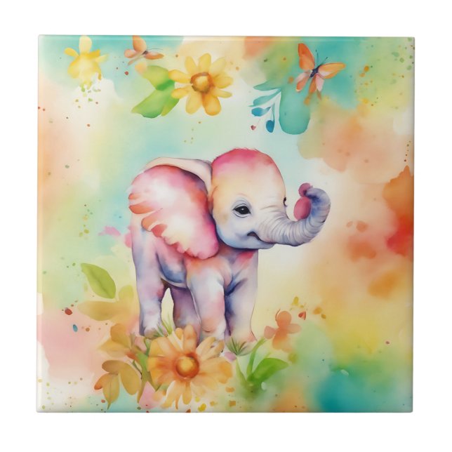 Sweet Elephant Watercolor Ceramic Tile (Front)
