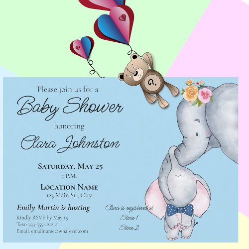 Sweet Elephants Blue Boy Baby Shower Invitation
