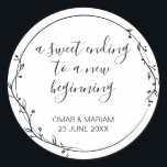 Sweet Ending New Beginning Black Wedding Favor Classic Round Sticker<br><div class="desc">Personalize with your name, event details, and date. Vivid Dhikr ©️ You can change the text, text color, font style, and background color using the customize it further option. Featuring a beautiful wreath border image that can be easily changed to any color. Perfect for sealing and labeling dessert boxes, candy...</div>