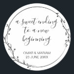 Sweet Ending New Beginning Black Wedding Favor Classic Round Sticker<br><div class="desc">Personalize with your name, event details, and date. Vivid Dhikr ©️ You can change the text, text color, font style, and background color using the customize it further option. Featuring a beautiful wreath border image that can be easily changed to any color. Perfect for sealing and labeling dessert boxes, candy...</div>