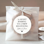 SWEET ENDING NEW BEGINNING Heart Wedding Favor Classic Round Sticker<br><div class="desc">A Classic Black Thank You Wedding Sticker featuring "A Sweet Ending to a New Beginning" in a classic modern elegant font. 
You can easily personalized it with your names and wedding date.</div>