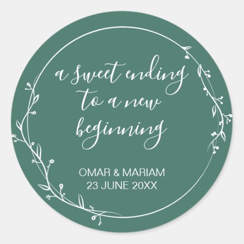 Sweet Ending New Beginning Ivy Green Wedding Favor Classic Round Sticker