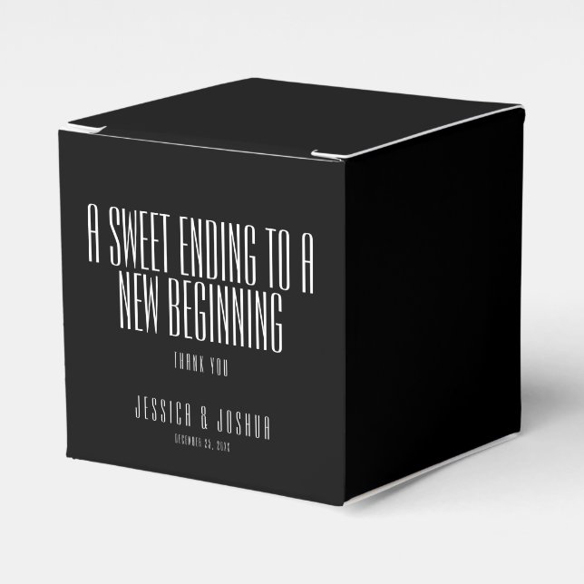 Sweet Ending New Beginning Modern Black Wedding Favor Boxes (Front Side)