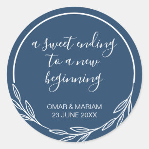 Sweet Ending New Beginning Navy Blue Wedding Favor Classic Round Sticker