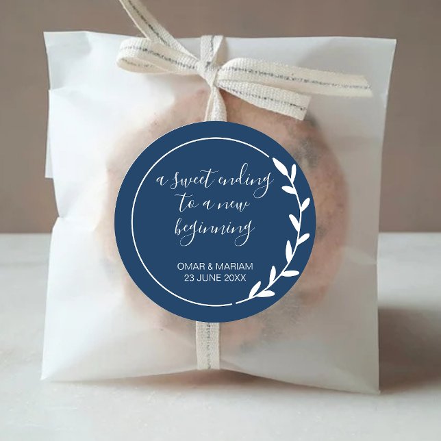Sweet Ending New Beginning Navy Blue Wedding Favor Classic Round Sticker (Creator Uploaded)