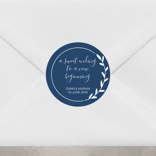 Sweet Ending New Beginning Navy Blue Wedding Favor Classic Round Sticker