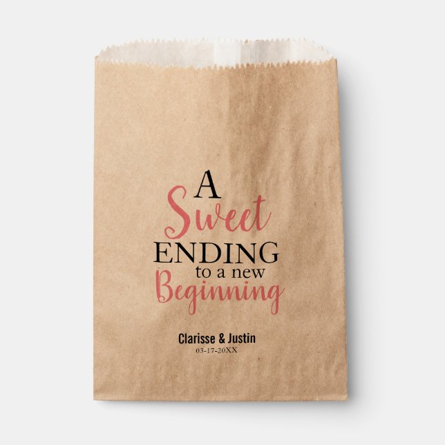 Sweet Ending New Beginning Pink Script Wedding Favor Bag (Front)