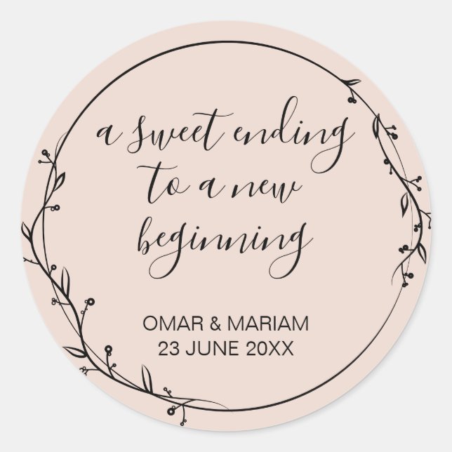 Sweet Ending New Beginning Rose Gold Wedding Favor Classic Round Sticker (Front)