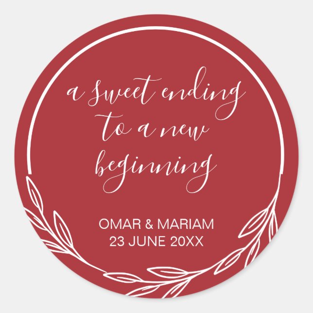 Sweet Ending New Beginning Scarlet Red Wedding Classic Round Sticker (Front)