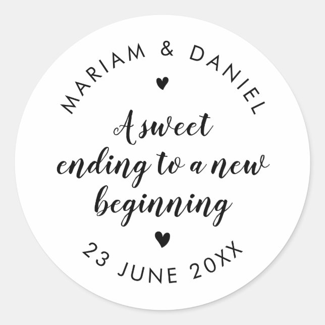 Sweet Ending Simple Modern Script White Wedding Classic Round Sticker (Front)