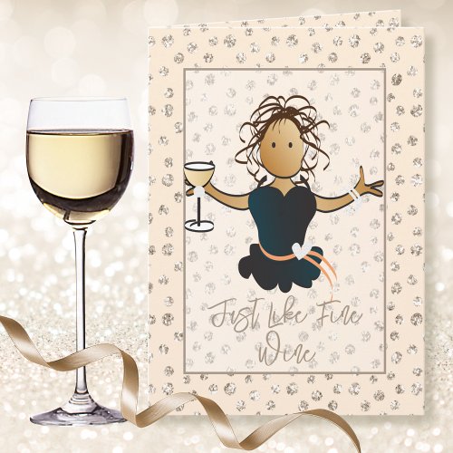 Sweet Ethnic Female Cartoon White Wine Birthday Card