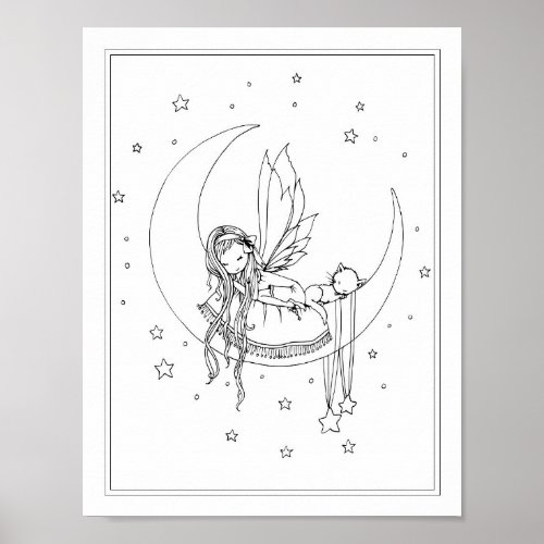 Sweet Fairy and Cat on Moon Coloring Poster