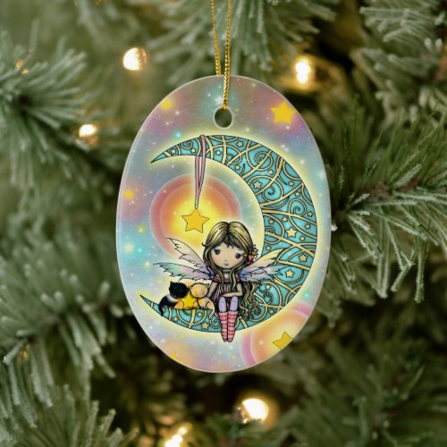 Sweet Fairy and Kitties on Moon Ceramic Ornament